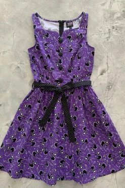 Retrolicious Ida Dress In Scaredy Cat Print Purple And Polkadot