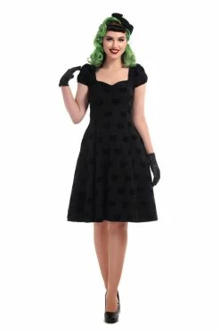 Collectif Mimi Doll Dress In Black Velvet Flocked Cat Print