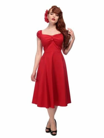 Collectif Dolores Doll Classic Cotton Swing Dress In Red Christmas Party Time - Image 3