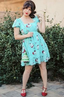 Sourpuss Cream Puff Dress In Christmas Kitties Mint
