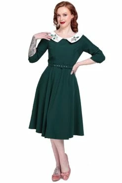 Collectif Elle Swing Dress In Emerald Christmas Embroidered Collar