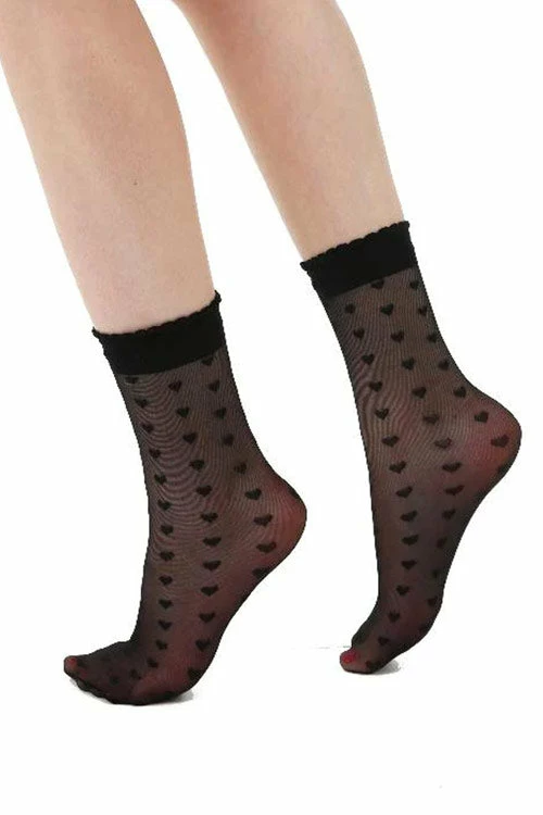 Pamela Mann Hosiery Pamela Mann Sheer Black Heart Print Ankle Socks With Frill
