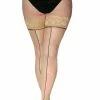 Pamela Mann Hosiery Pamela Mann Curvy Super-Stretch Jive Seamed Stay-up Stockings In Nude/Black With Nude Tops