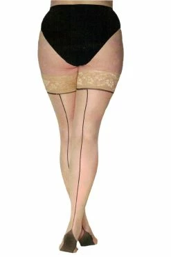 Pamela Mann Hosiery Pamela Mann Curvy Super-Stretch Jive Seamed Stay-up Stockings In Nude/Black With Nude Tops