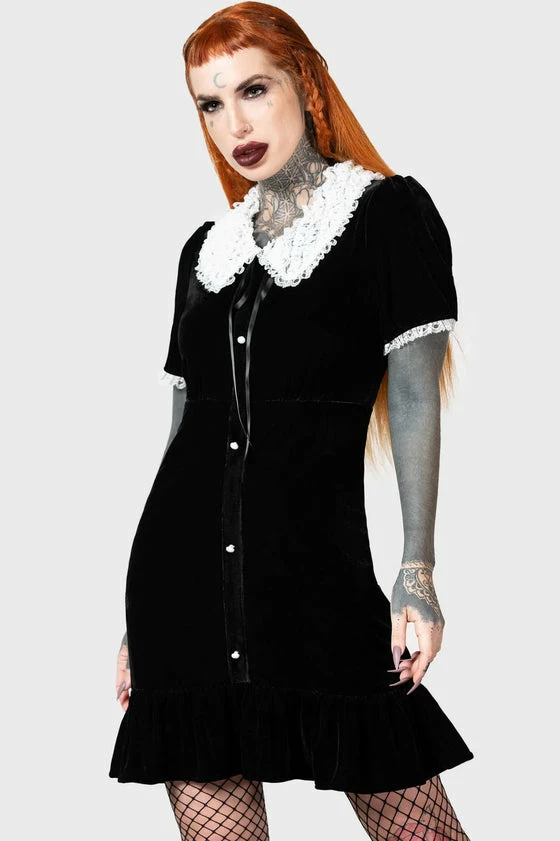 Killstar Trick N'Treat Dress In Black Velvet With Lace Collar - Image 7