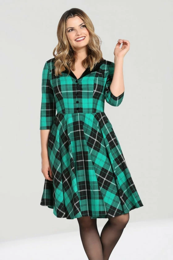 Hell Bunny Beryl Mid Dress 3/4 Sleeves Black And Green Tartan - Image 7