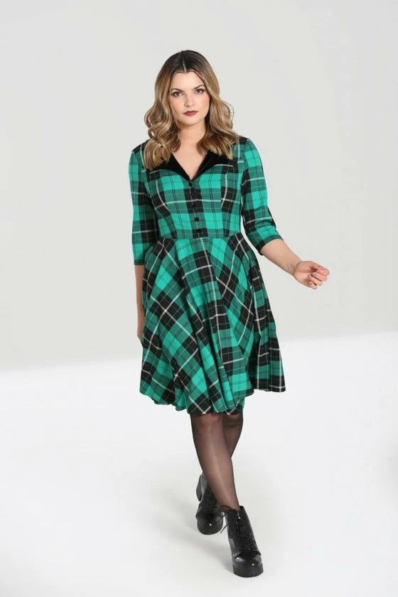 Hell Bunny Beryl Mid Dress 3/4 Sleeves Black And Green Tartan - Image 9