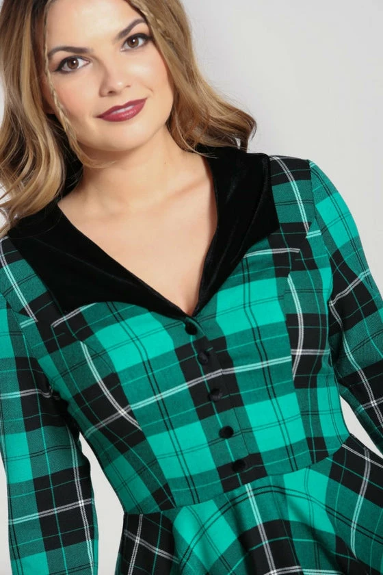Hell Bunny Beryl Mid Dress 3/4 Sleeves Black And Green Tartan - Image 6