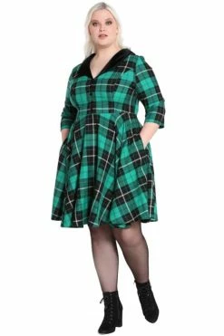 Hell Bunny Beryl Mid Dress 3/4 Sleeves Black And Green Tartan
