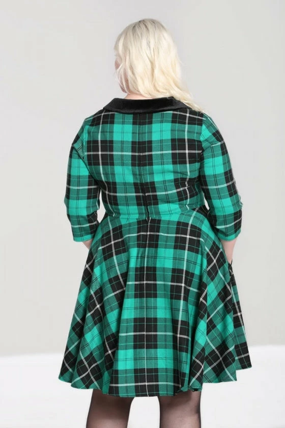 Hell Bunny Beryl Mid Dress 3/4 Sleeves Black And Green Tartan - Image 3
