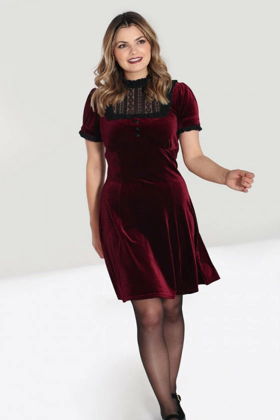 Hell Bunny Caroline Dress Burgundy Velvet With Statement Lace Yolk - Image 2
