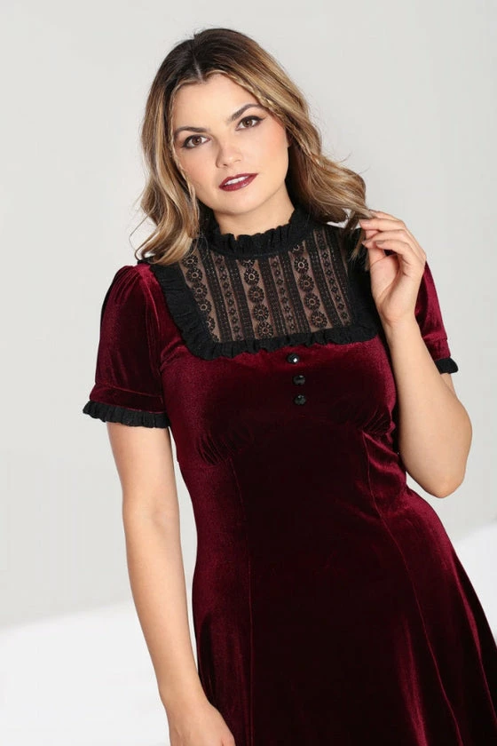 Hell Bunny Caroline Dress Burgundy Velvet With Statement Lace Yolk - Image 3