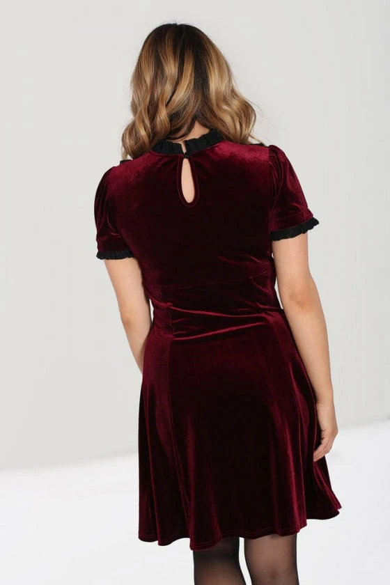 Hell Bunny Caroline Dress Burgundy Velvet With Statement Lace Yolk - Image 4