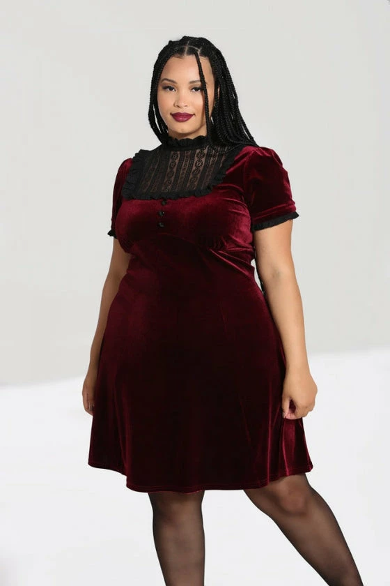 Hell Bunny Caroline Dress Burgundy Velvet With Statement Lace Yolk - Image 5