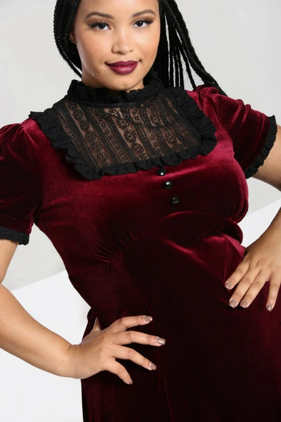 Hell Bunny Caroline Dress Burgundy Velvet With Statement Lace Yolk - Image 6