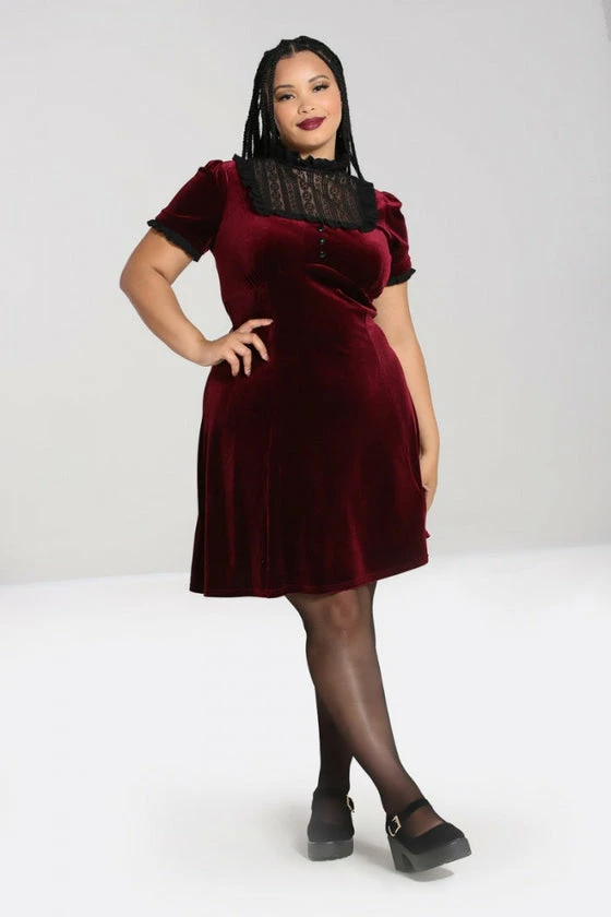 Hell Bunny Caroline Dress Burgundy Velvet With Statement Lace Yolk - Image 7