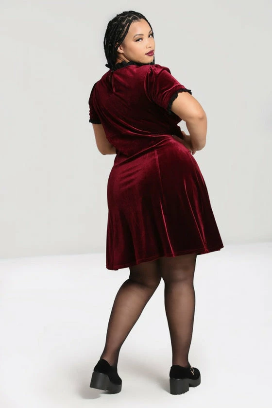 Hell Bunny Caroline Dress Burgundy Velvet With Statement Lace Yolk - Image 8