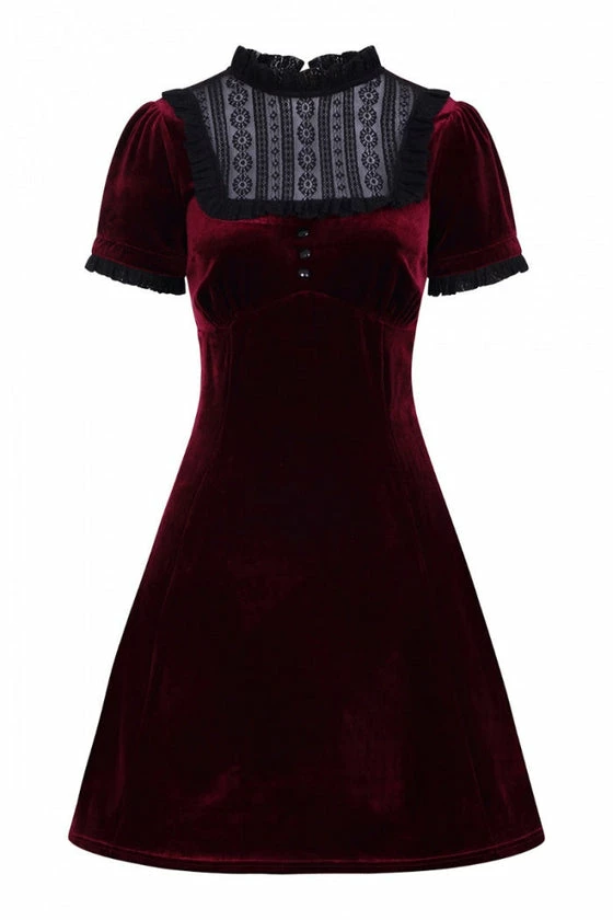 Hell Bunny Caroline Dress Burgundy Velvet With Statement Lace Yolk - Image 9