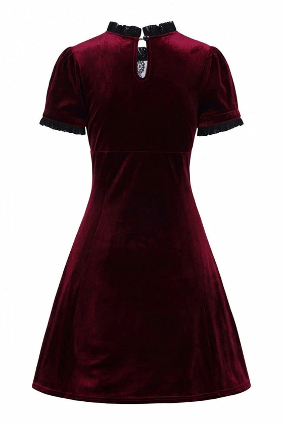 Hell Bunny Caroline Dress Burgundy Velvet With Statement Lace Yolk - Image 10