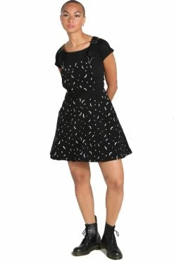 Hell Bunny Bat Pinafore Dress In Black Embroidered Pattern