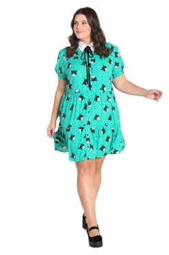 Hell Bunny Love Cats Mini Dress Green Cat Print