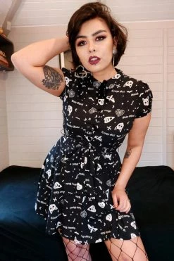 Collectif Mary Grace Skater Dress In Creepy Girl Print